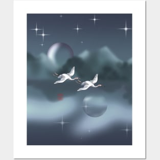 Two Japanese cranes flying over a dark lake Posters and Art